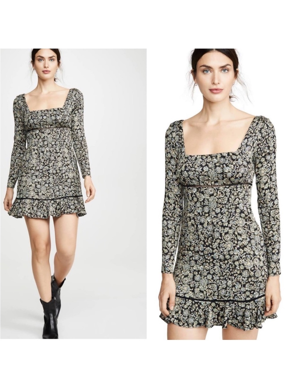 Free People Boheme Mini Dress Black Combo Floral Size 6- Romantic Boho Style NWT
